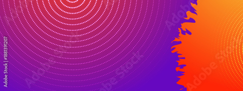 Abstract design with concentric circles of dots transitioning from deep purple to bright orange with a central flame element