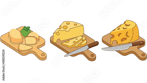 A set of cartoon cheese blocks and slices on wooden cutting boards
