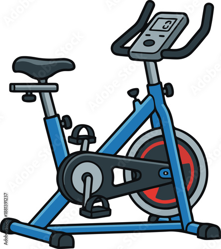 Blue stationary spinning bike vector illustration. Cartoon style exercise machine with a digital display and pedals, isolated on white background.