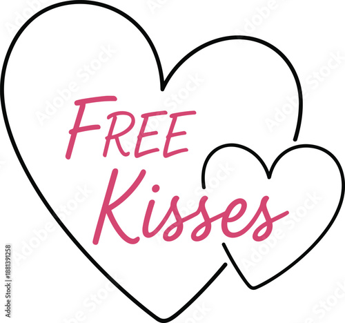 Free Kisses Valentine Typography with Handwritten Script and Heart Outline Illustration for Romantic Love Greeting Card Design