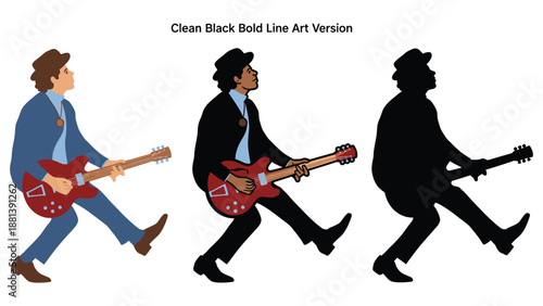 Three musicians playing electric guitars in different styles and colors