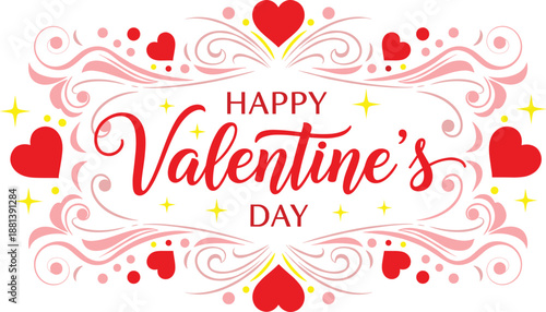 Happy Valentine’s Day Decorative Typography with Red Hearts Ornamental Swirls and Romantic Hand Lettering for Festive Love Greeting Card Design