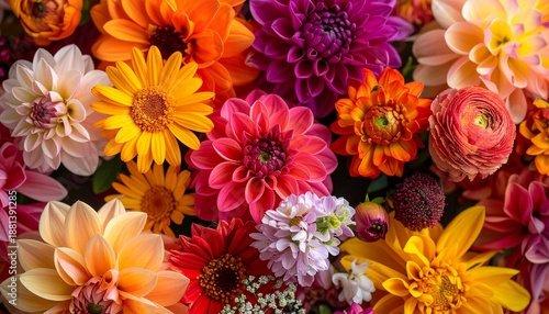 Colorful flower assortment with layered petals in full bloom