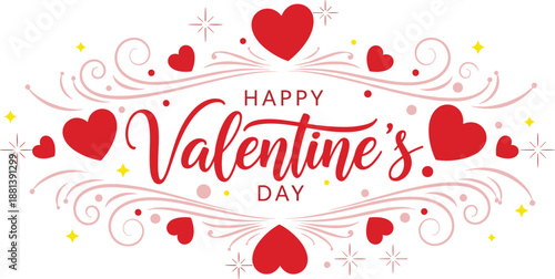Happy Valentine’s Day Decorative Typography with Red Hearts Swirls and Romantic Hand Lettering for Festive Love Greeting Design