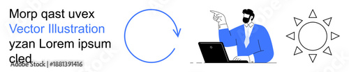 Work processes, sustainability, business strategy, energy efficiency, productivity, branding concepts. Businessman with laptop points. Work processes and sustainability