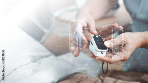 AI healthcare and medical technology concept showing digital patient monitoring device with data interface, representing artificial intelligence, health analysis, smart care, and innovation medicine.