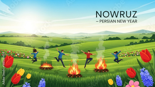 People jumping over bonfires in a field of flowers celebrating nowruz persian new year