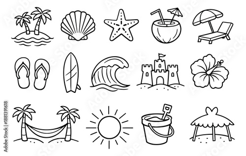Hand drawn line art summer beach icon set featuring tropical plants, marine life, and vacation activities for holiday designs