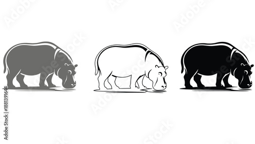 Three different colored rhinoceros silhouettes on a white background