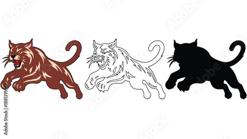 Three different colored panther illustrations in various shades and styles