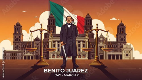 Benito juarez day celebration on march 21 with mexican flag and government building background