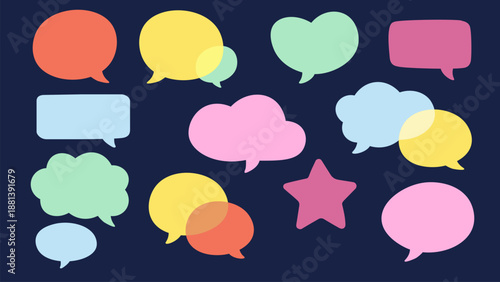 Colorful chat, speech, and thought bubble set featuring pastel and vibrant tones on a dark background with organic shapes for UI design and comics