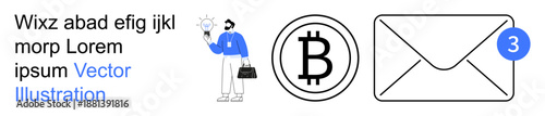 Cryptocurrency, financial transactions, business communication, notifications, blockchain, digital economy. Businessman holding a briefcase, Bitcoin symbol, and email notification icon