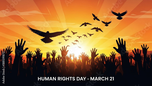 Hands raised in solidarity with birds flying at sunset on human rights day