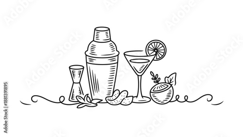 A black and white illustration of a cocktail shaker and martini glass