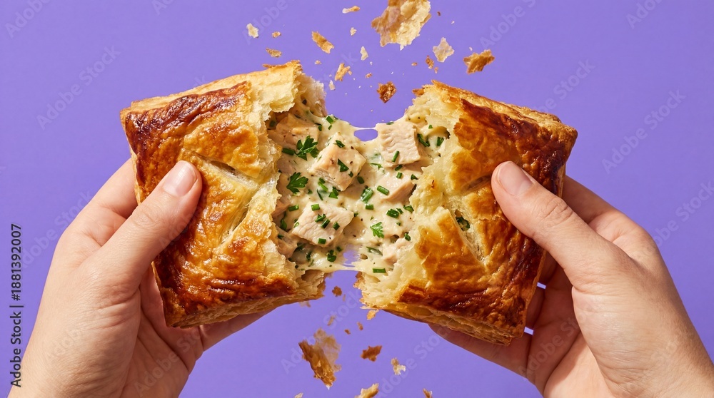 custom made wallpaper toronto digitalHands tearing flaky chicken puff pastry revealing creamy filling