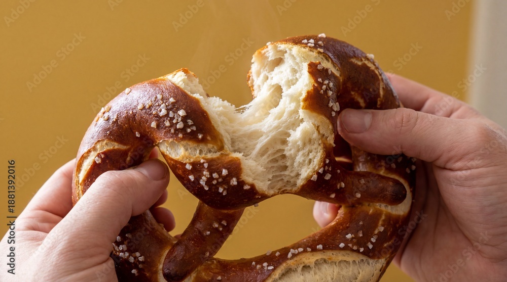 custom made wallpaper toronto digitalHands tearing warm soft pretzel with salt crystals