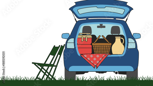A blue car packed for a picnic in the countryside with a green folding chair