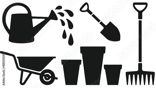 A collection of gardening tools and equipment on a white background
