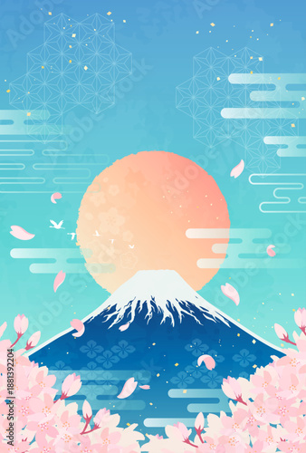 桜と富士山と日の出のイラスト_縦3