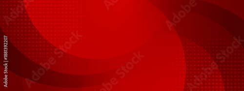Bold red and dark crimson background featuring layered circles and halftone dot patterns