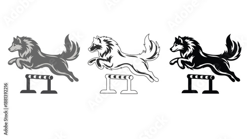 Three horses jumping over hurdles in different shades of gray and black