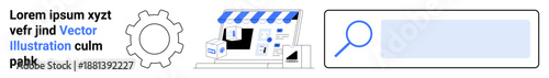 E-commerce, business tools, digital marketplace, product search, marketing strategies, online shopping. a storefront, gear and search bar. E-commerce and business tools concept