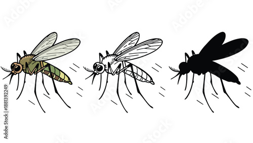 A collection of insects vector set featuring a dragonfly, wasp, and mosquito isolated on white with macro wings and closeup nature details of each wildlife pest