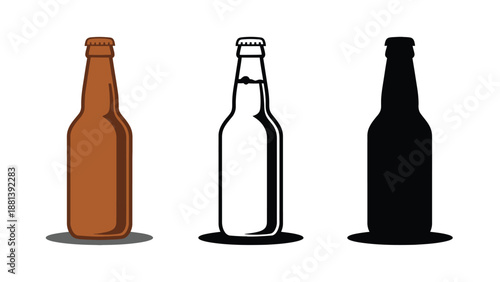 Three different colored beer bottles on a white background
