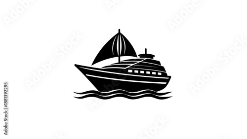 A black and white illustration of a sailboat on the water