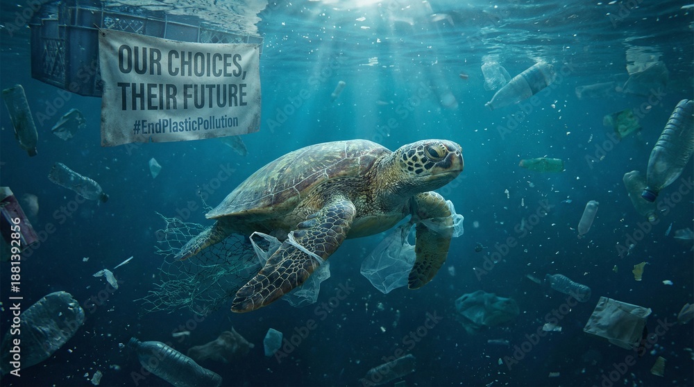 Fototapeta premium Sea Turtle Trapped in Ocean Plastic Pollution