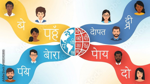 Diverse people connected globally illustrating communication and language diversity with Hindi script conceptual for intern