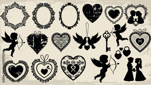 Obraz na płótnie Collection of ornate valentines day elements including hearts, cupid, and romant