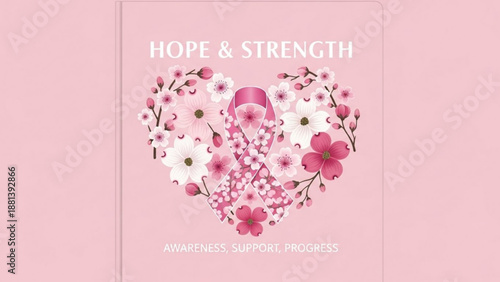 Heart shape with pink ribbon and flowers symbolizing hope and strength for breast cancer awareness support and progress