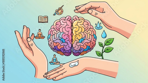 Human brain with symbols of knowledge meditation and nature protected by hands concept for mental health and well-being