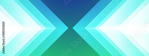 Symmetrical abstract background with blue and green glowing arrow shapes meeting in the center