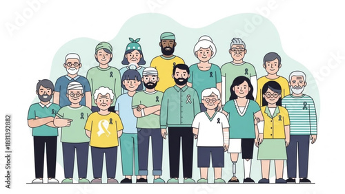 Diverse group of people wearing awareness ribbons representing unity and support for various causes illustration for commun