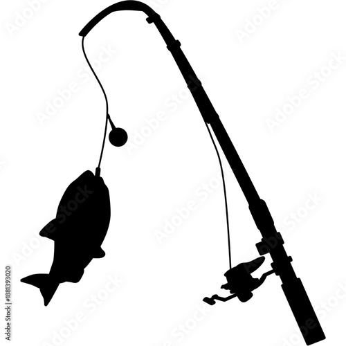 Silhouette of a Fishing Rod Catching a Fish: A stark black silhouette of a fishing rod hooked a fish, a symbol of fishing activity against a light background.