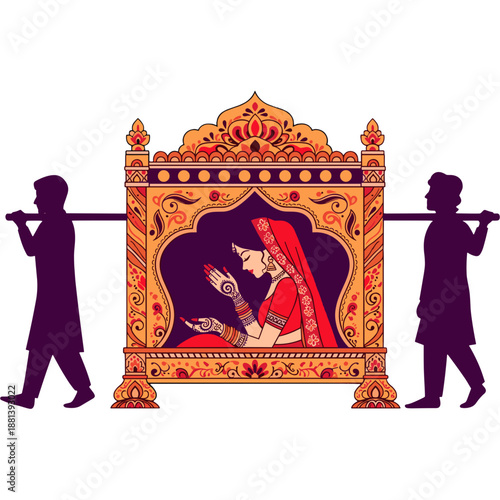 Enchanting Ceremony: A newlywed woman, radiant in traditional attire, is carried in an intricately decorated palanquin, a symbol of honor and celebration in an illustration.