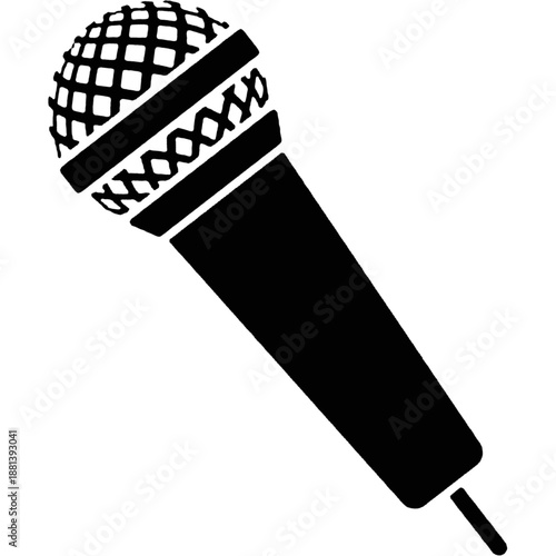 Vocal Amplification Silhouette: A stylized monochrome silhouette of a classic microphone, emphasizing its role in capturing and amplifying sound for performances, presentations, and recordings.