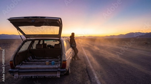 Car trunk sunrise road trip with sunbeams