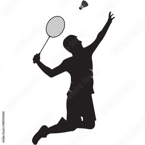 Badminton Silhouette: A badminton player executing a powerful overhead smash, poised mid-air, racket raised, ready to strike the shuttlecock in a display of athleticism and focus.
