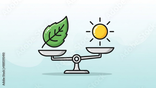 Leaf and sun on balance scales concept of nature and energy balance flat vector illustration for ecology and sustainability