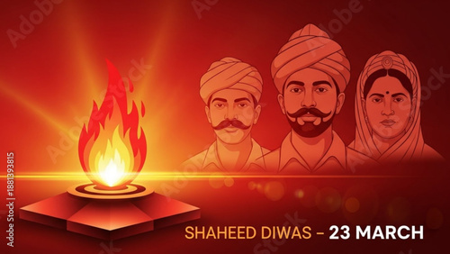Shaheed diwas indian martyrs day illustration with flames and portraits