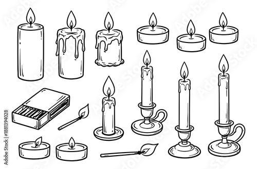 Hand drawn line art candle and match set featuring various burning candles and match items for festive, spa, or decorative concepts