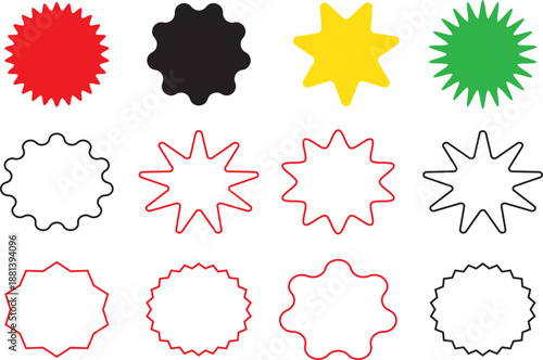 Creative starburst sticker set. Vibrant explosion shape symbols. New arrival vector icon labels.. Modern promotional badge designs, Vector star burst graphic elements,