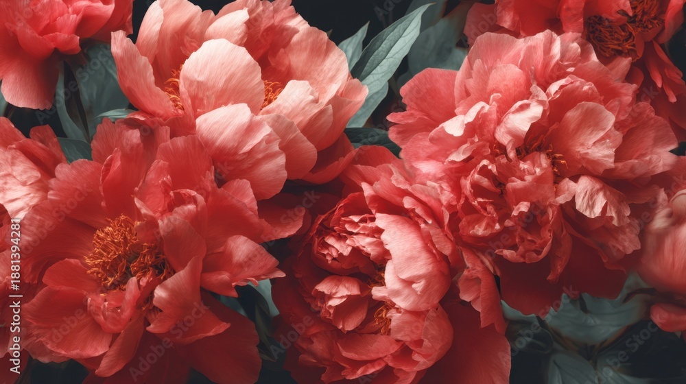 Obraz premium Bright peony flowers bloom in a garden. The flowers show different shades of red and pink among green leaves creating a vibrant display in a summer setting.