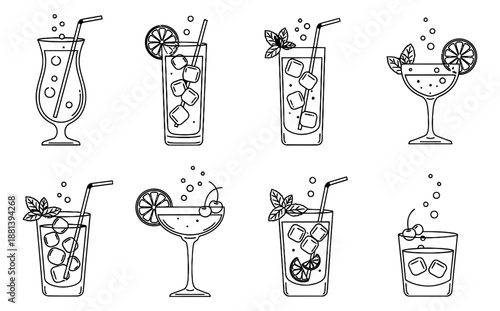 Line art cocktail drinks set featuring ice, garnishes, and straws in various glass types for summer refreshments and bar menus