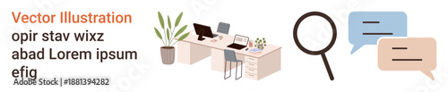 Office productivity, communication, research, desktop workspace, online chatting, analysis. Office desk setup with a monitor, magnifying glass and chat bubbles. Communication and research concepts