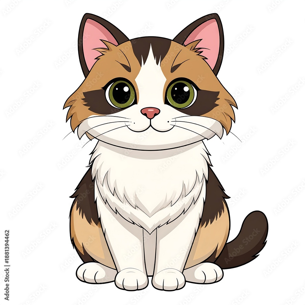 Fototapeta premium A cartoon cat with a white, orange, and black coat and green eyes